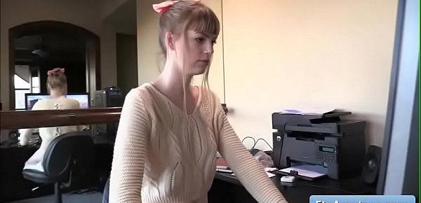  Sexy teen blonde amateur Alana masturbate with thick red dildo while playing on the computer